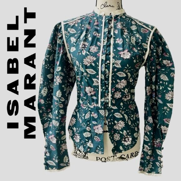 ISABEL MARANT POPLIN BLOUSE GREEN FLORAL Sz 34 PUFFED SLEEVES BOHO CHIC - Picture 1 of 16